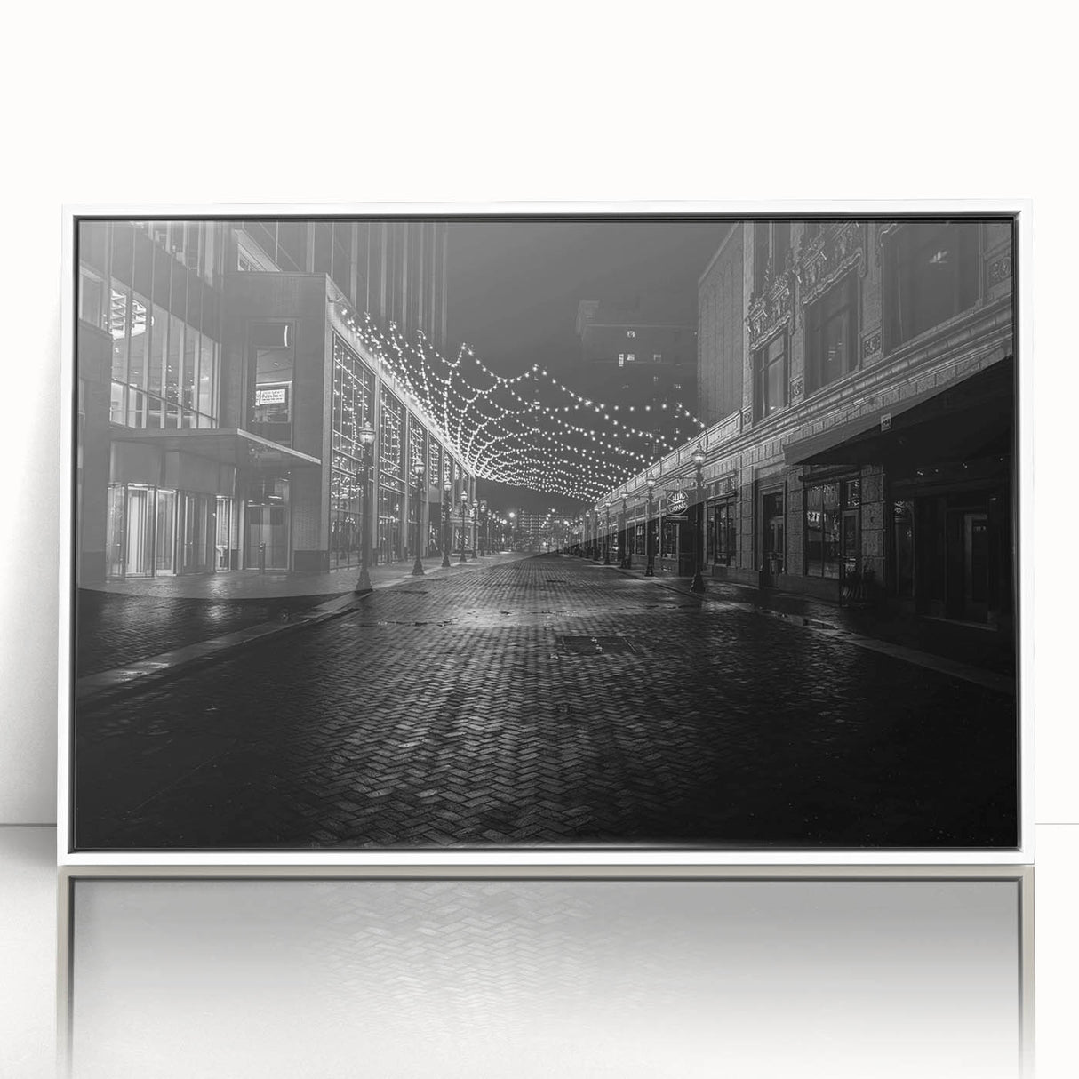 Art Deco poster of Detroit skyline in muted gray and white, acrylic framed, suitable for modern art wall decor.