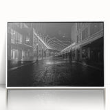 Art Deco poster of Detroit skyline in muted gray and white, acrylic framed, suitable for modern art wall decor.