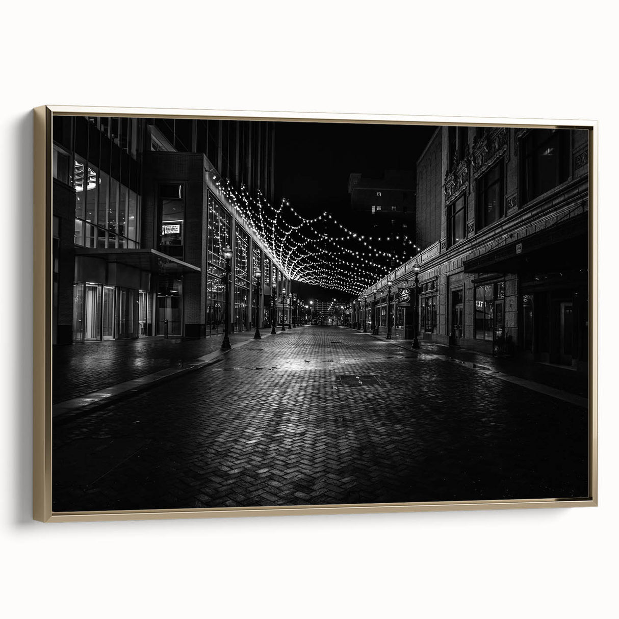 Framed canvas depicting a vintage-style Detroit landscape in muted gold and black tones, ideal for bedroom wall art.