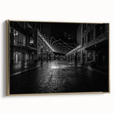 Framed canvas depicting a vintage-style Detroit landscape in muted gold and black tones, ideal for bedroom wall art.