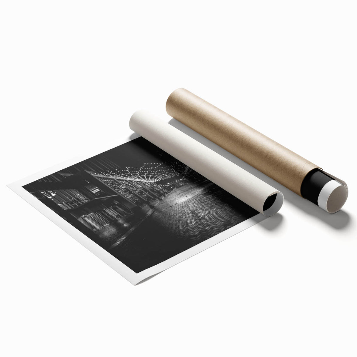 Extra large rolled print of Detroit skyline with muted gray and blue tones, ideal for classy bathroom wall art.
