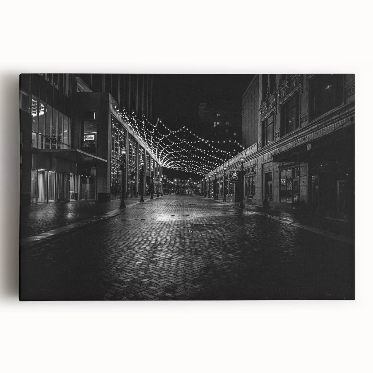 Black and white photo of Detroit skyline on large stretched canvas, suitable as kitchen wall art.
