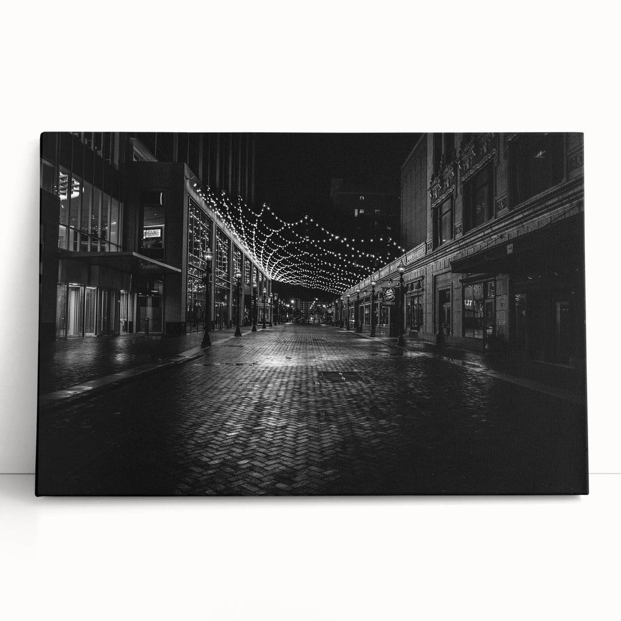 Black and white stretched canvas of Detroit skyline, ideal for kitchen wall art or bedroom ambiance.
