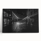Black and white stretched canvas of Detroit skyline, ideal for kitchen wall art or bedroom ambiance.