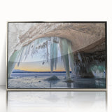 Mid-century modernist art depicting Michigan's Upper Peninsula in muted earth tones on a framed acrylic print.
