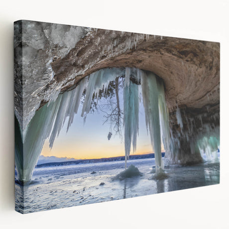 Large art depicting a serene Upper Peninsula, Michigan landscape in muted earth tones on stretched canvas.