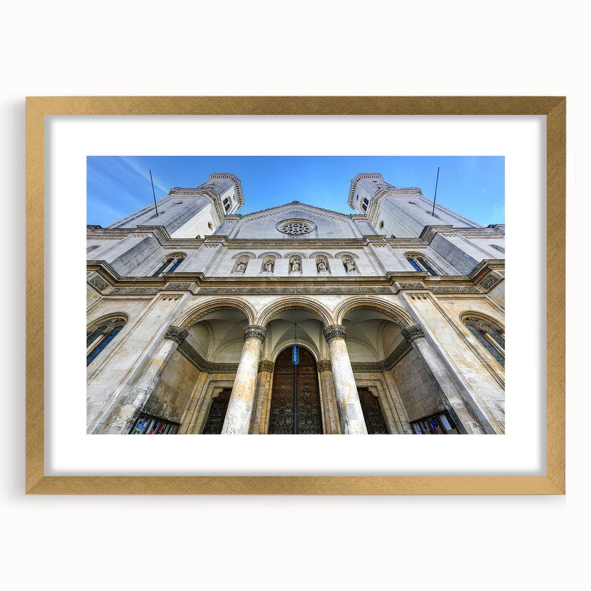 Extra large abstract art print of St. Louis skyline in textured gold frame, ideal for living room decor.