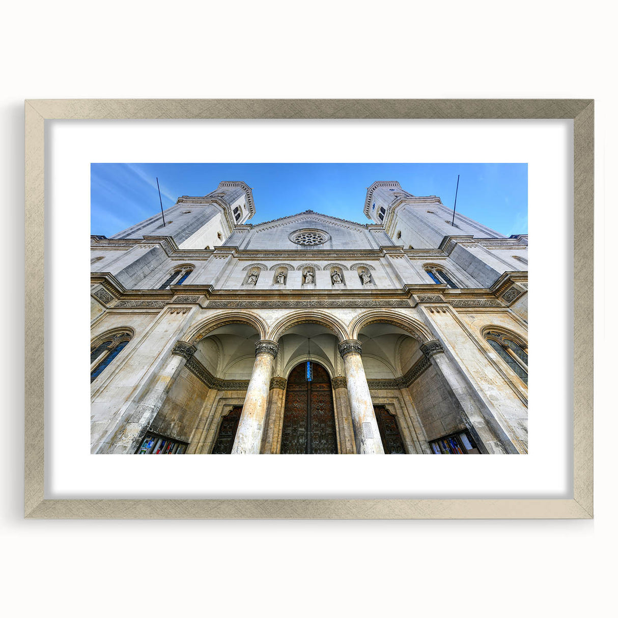 Textured art print of St. Louis skyline in abstract style with muted colors on a silver-framed mat, ideal for bedroom art.