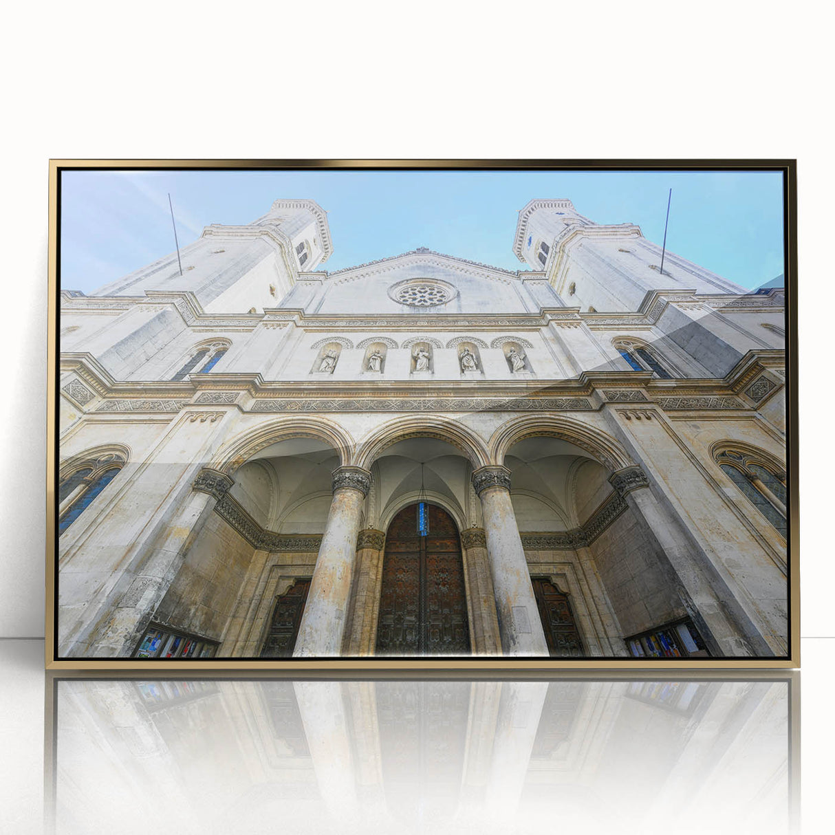 Large art print of St. Louis skyline in gold and blue tones on framed acrylic, ideal for modern art wall decor.