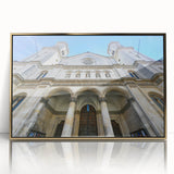 Large art print of St. Louis skyline in gold and blue tones on framed acrylic, ideal for modern art wall decor.