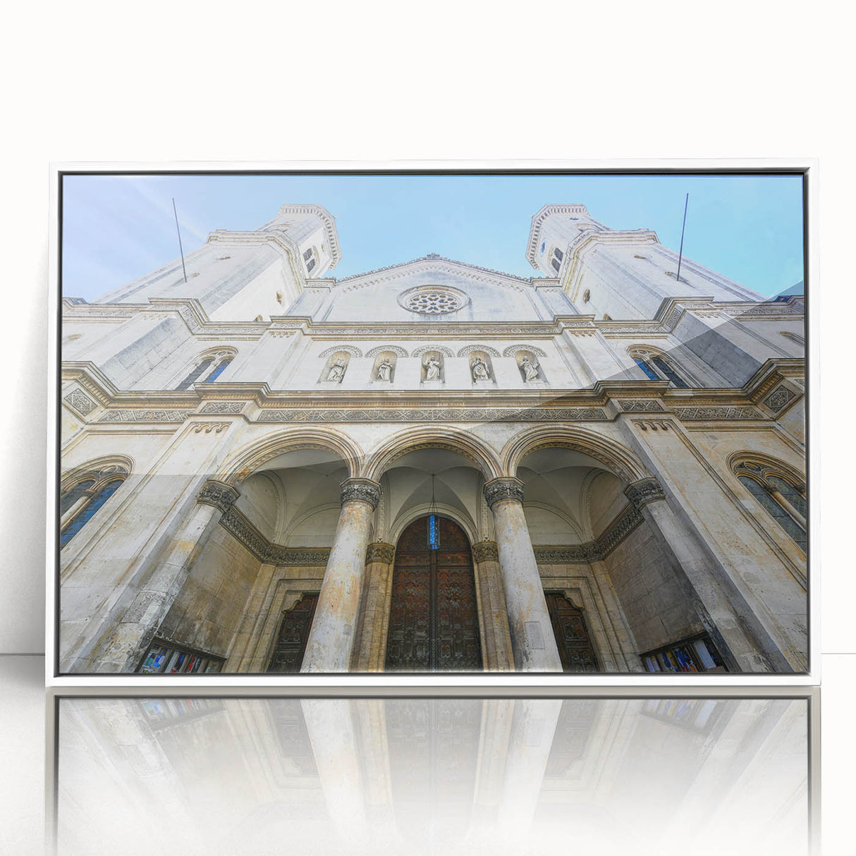 Art deco poster of St. Louis skyline in muted blue tones on white framed acrylic, suitable for modern nursery wall art.