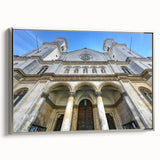 Framed canvas of a St. Louis, Missouri landscape painting in muted gray and silver, ideal for office wall decor.