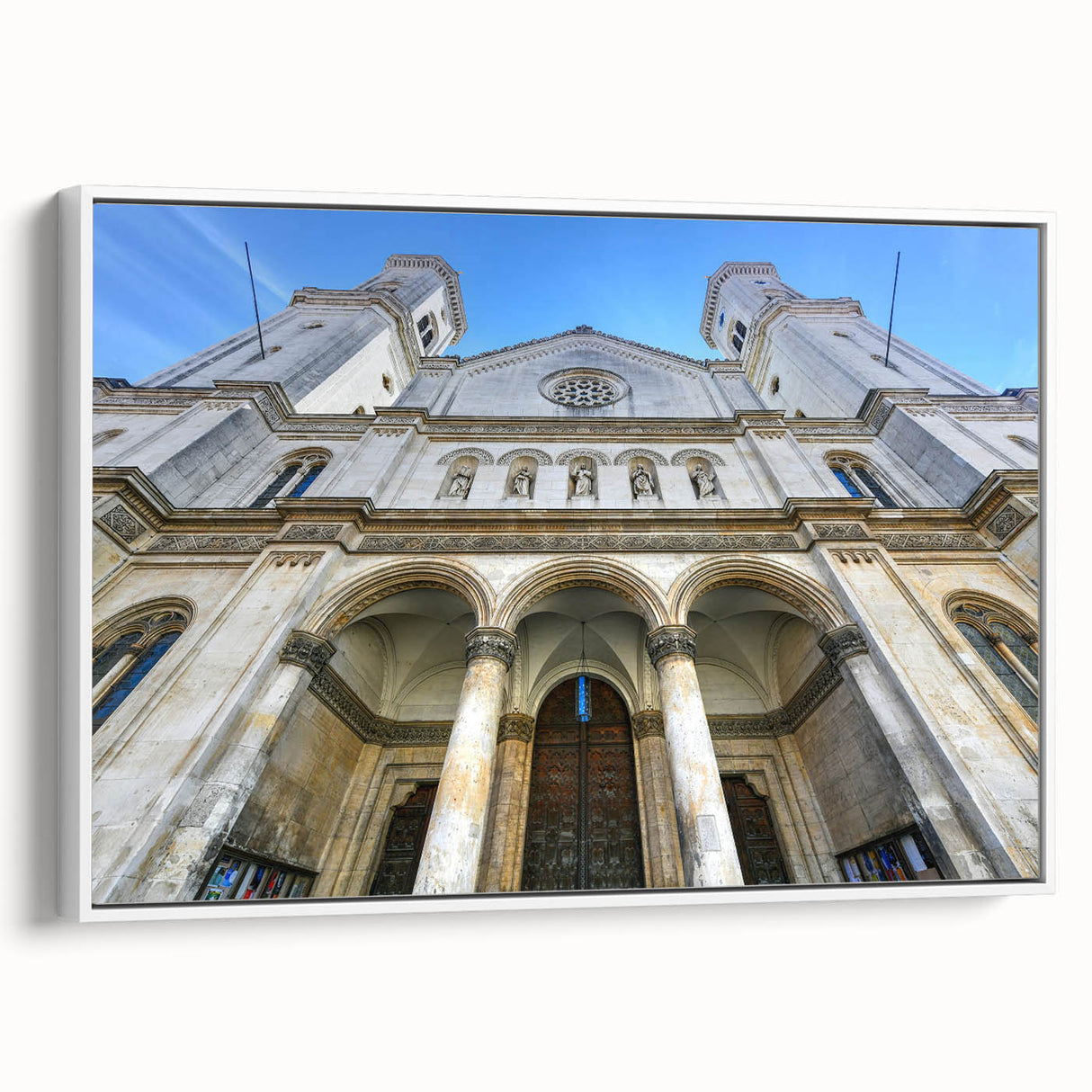 Vintage poster art of St. Louis skyline in vibrant colors on a framed canvas, ideal for living room decor.