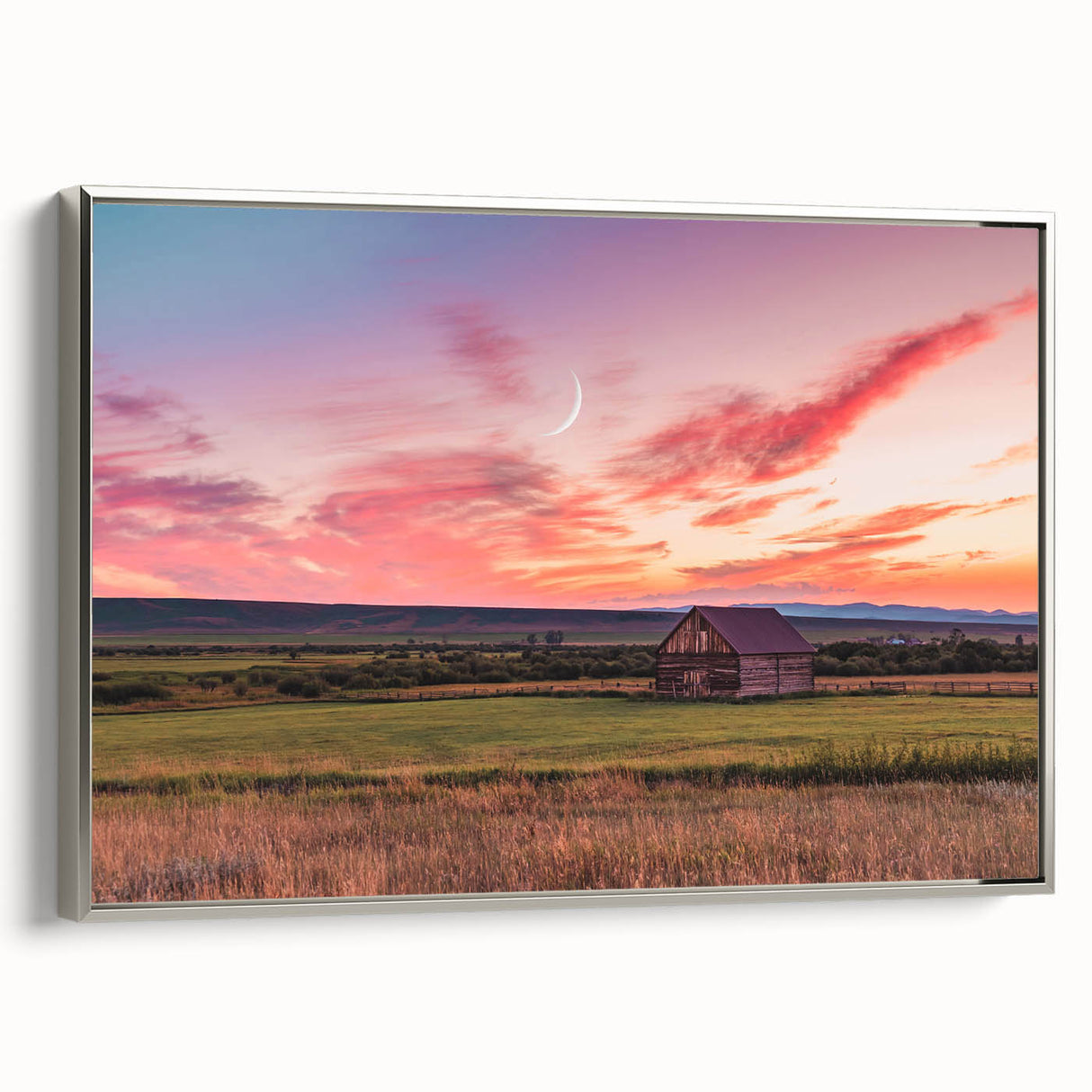 Framed canvas wall art depicting a serene Montana landscape in muted earth tones, ideal for bedroom decor.