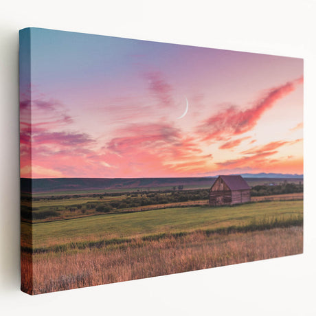 Large canvas print depicting a serene Montana landscape in muted green and blue tones, suitable for kitchen wall art.