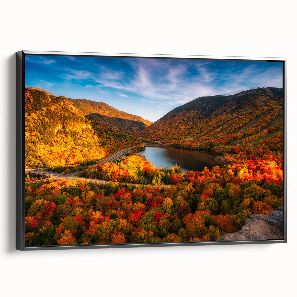 Black and white landscape art painting of New Hampshire on framed canvas, ideal for bedroom wall decor.
