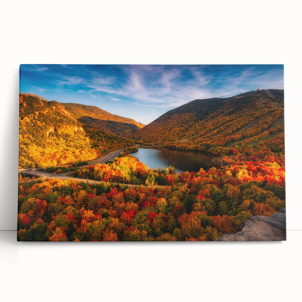 Black and white photograph of a New Hampshire landscape on stretched canvas, ideal for kitchen wall art.