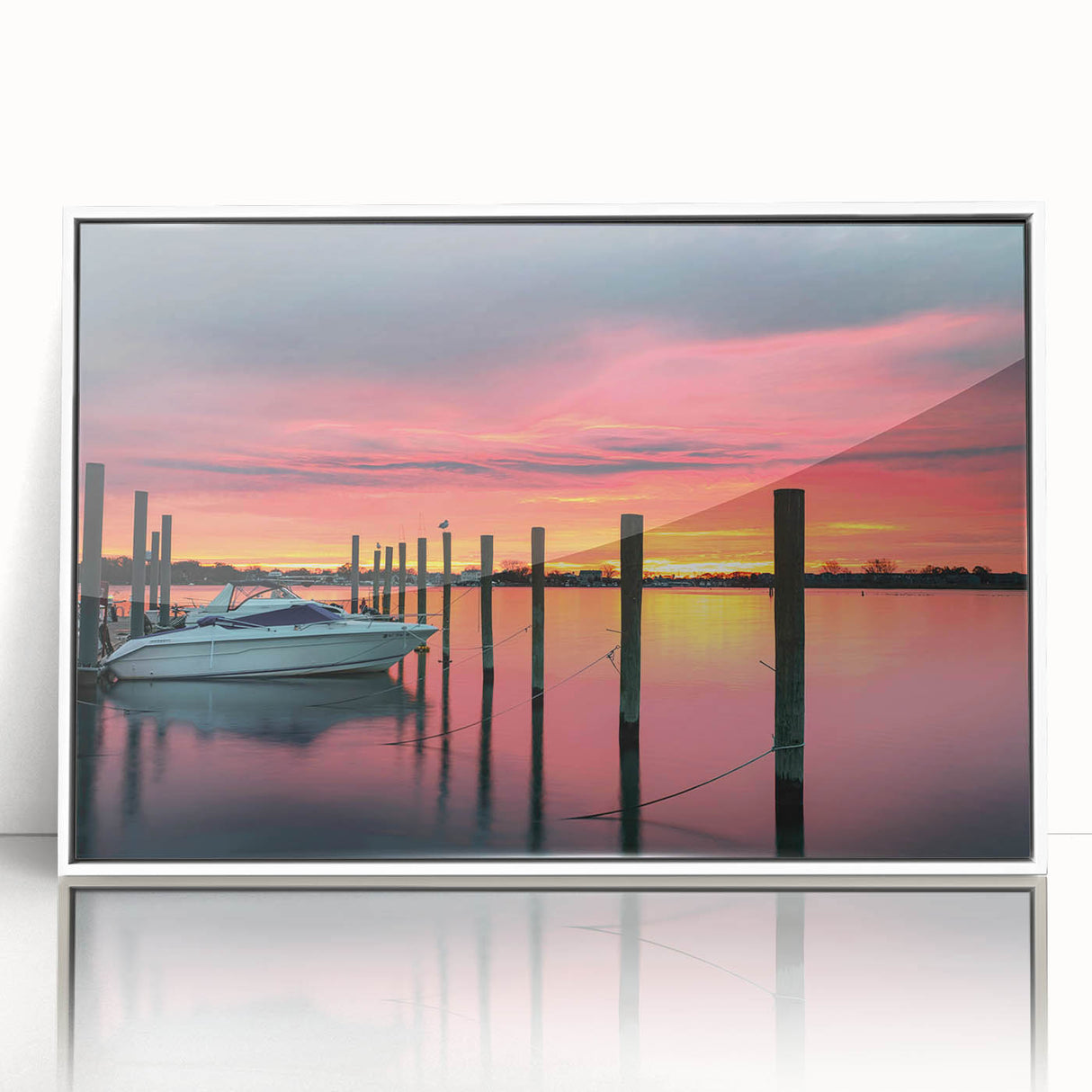 Acrylic print of a serene New Jersey landscape in soft pastel colors, framed in white, suitable for modern nursery decor.