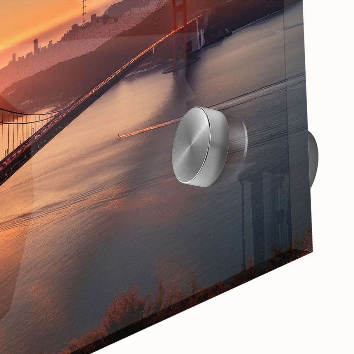 Acrylic print of Brooklyn Bridge in muted gray and blue tones, ideal for dining room art in a mid-century modernist style.