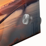 Acrylic print of Brooklyn Bridge in muted gray and blue tones, ideal for dining room art in a mid-century modernist style.