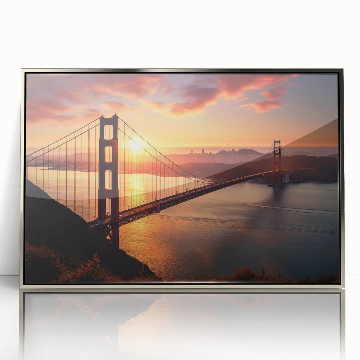 Mid-century modernist art of the Brooklyn Bridge in muted metallic tones on a framed acrylic print.