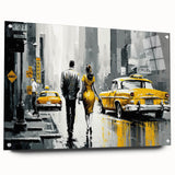 Acrylic print of a large abstract depiction of Manhattan's skyline in muted gray and blue tones.