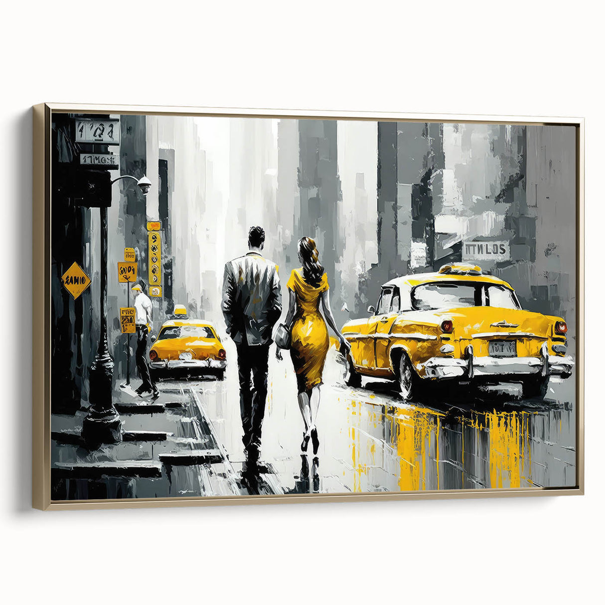 Framed canvas featuring a vintage-style Manhattan landscape in black and gold tones, ideal for bedroom wall art.