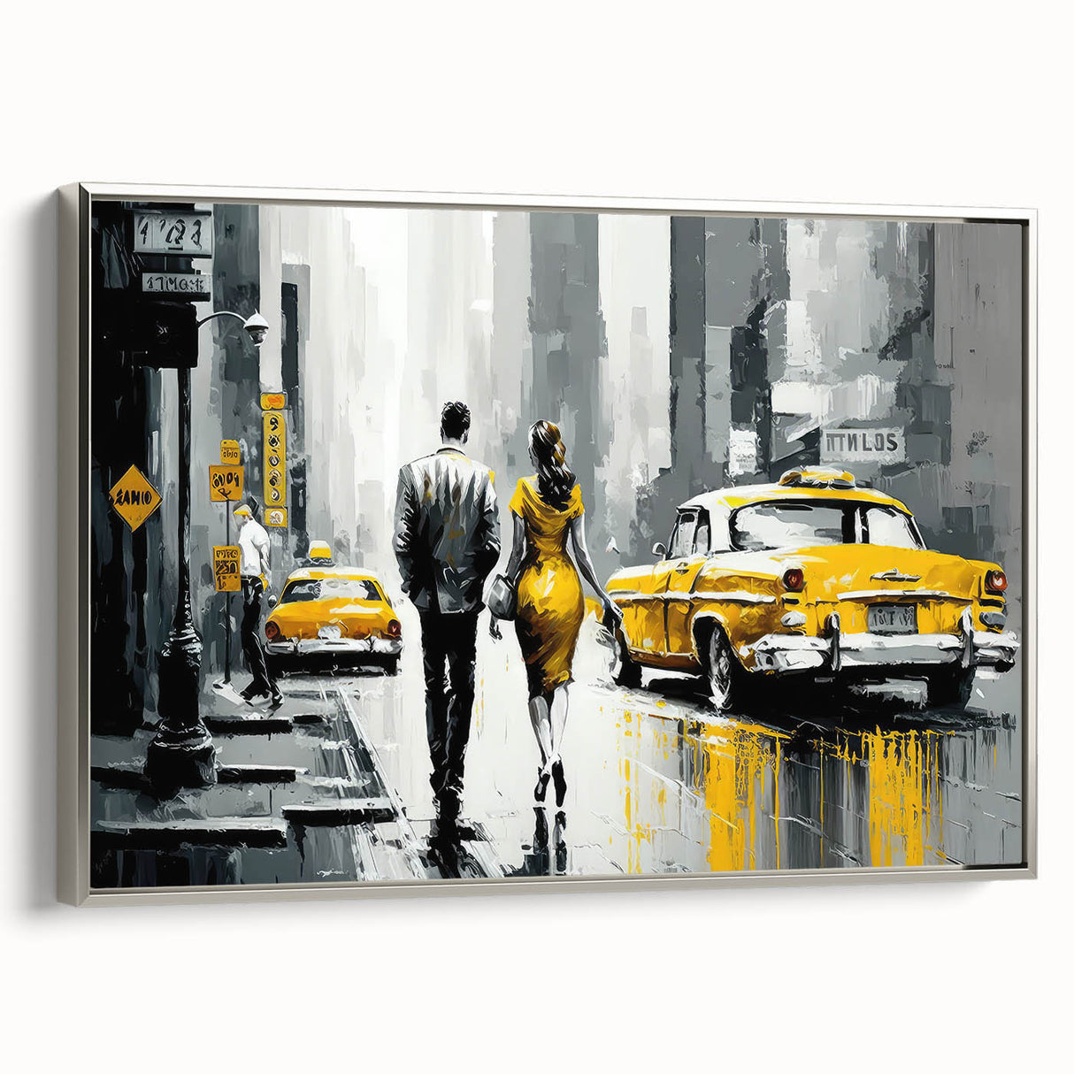 Framed canvas depicting a vintage-style Manhattan skyline in black with colorful accents, ideal for living room decor.