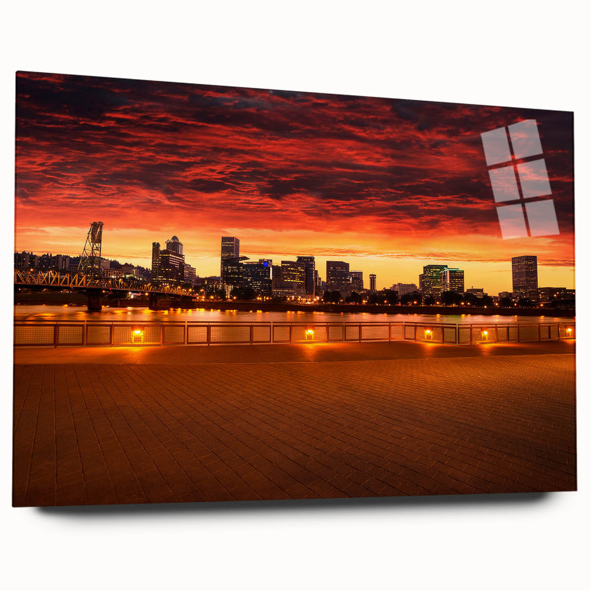 Large abstract wall art of Portland, Oregon in muted grays and blues on acrylic glass.