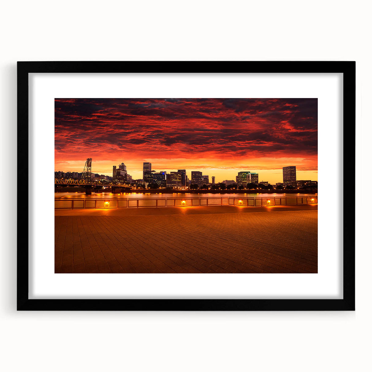 Extra large abstract art print of Portland, Oregon, featuring vibrant, colorful textures on a framed canvas.