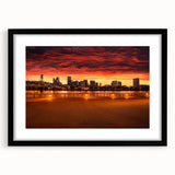 Extra large abstract art print of Portland, Oregon, featuring vibrant, colorful textures on a framed canvas.