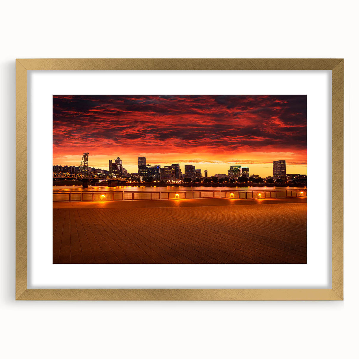 Extra large abstract art print of Portland, Oregon, in textured gold frame, ideal for living room decor.