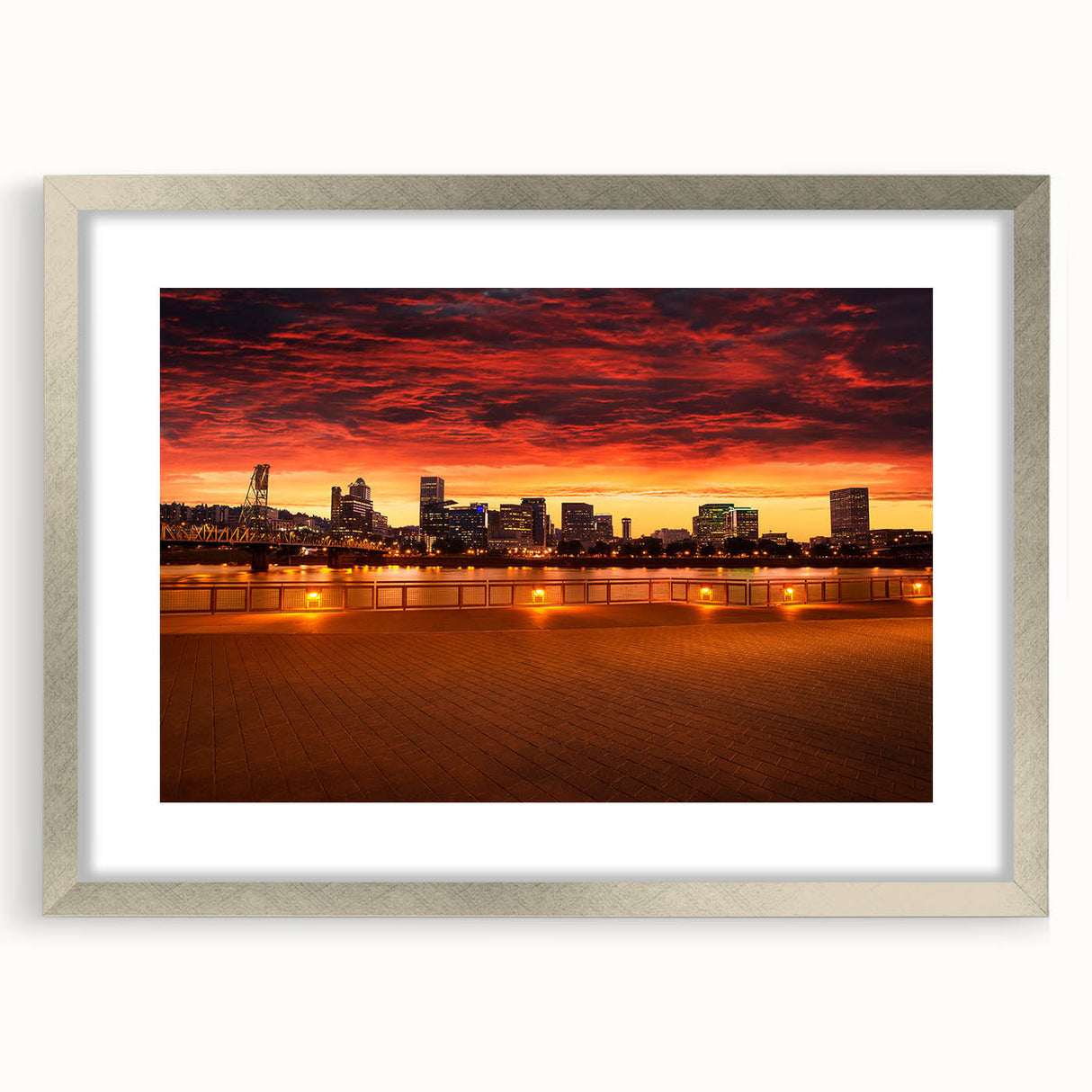 Textured art print of Portland, Oregon in abstract style with muted earth tones on a framed canvas.