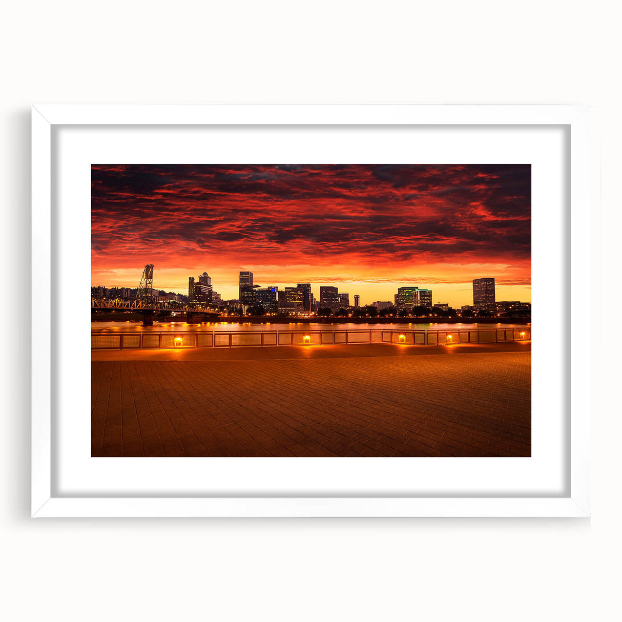 Abstract art print of Portland, Oregon in muted gray and blue tones on a framed white mat.