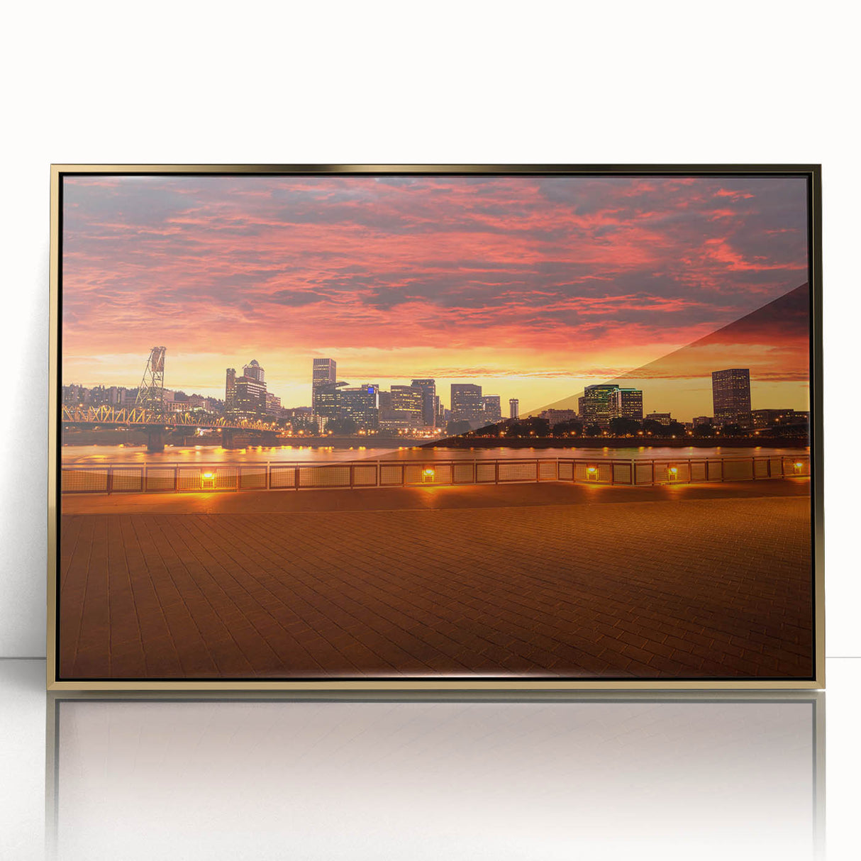 Large art print of Portland, Oregon skyline in muted gold and blue tones on framed acrylic.