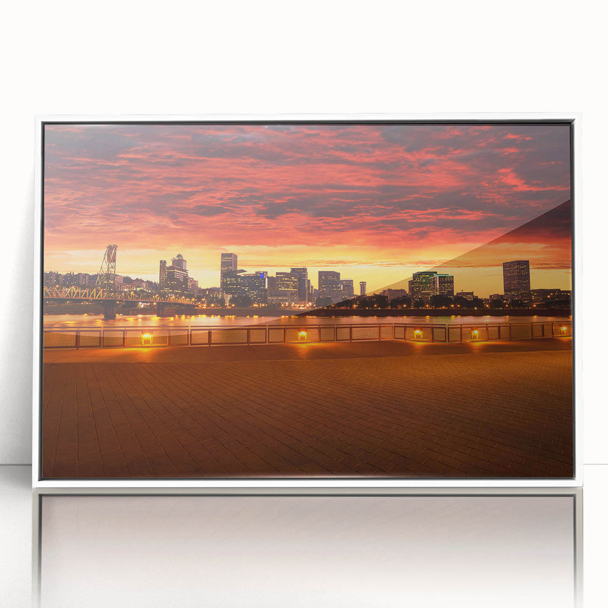 Acrylic print of Portland, Oregon skyline in art deco style with muted gray and blue tones, ideal for modern art wall decor.