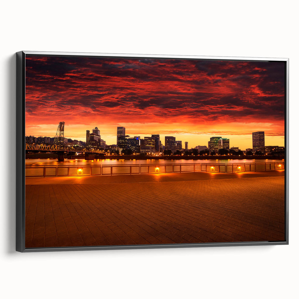 Black and white framed canvas of Portland, Oregon landscape, ideal for bedroom wall decor.