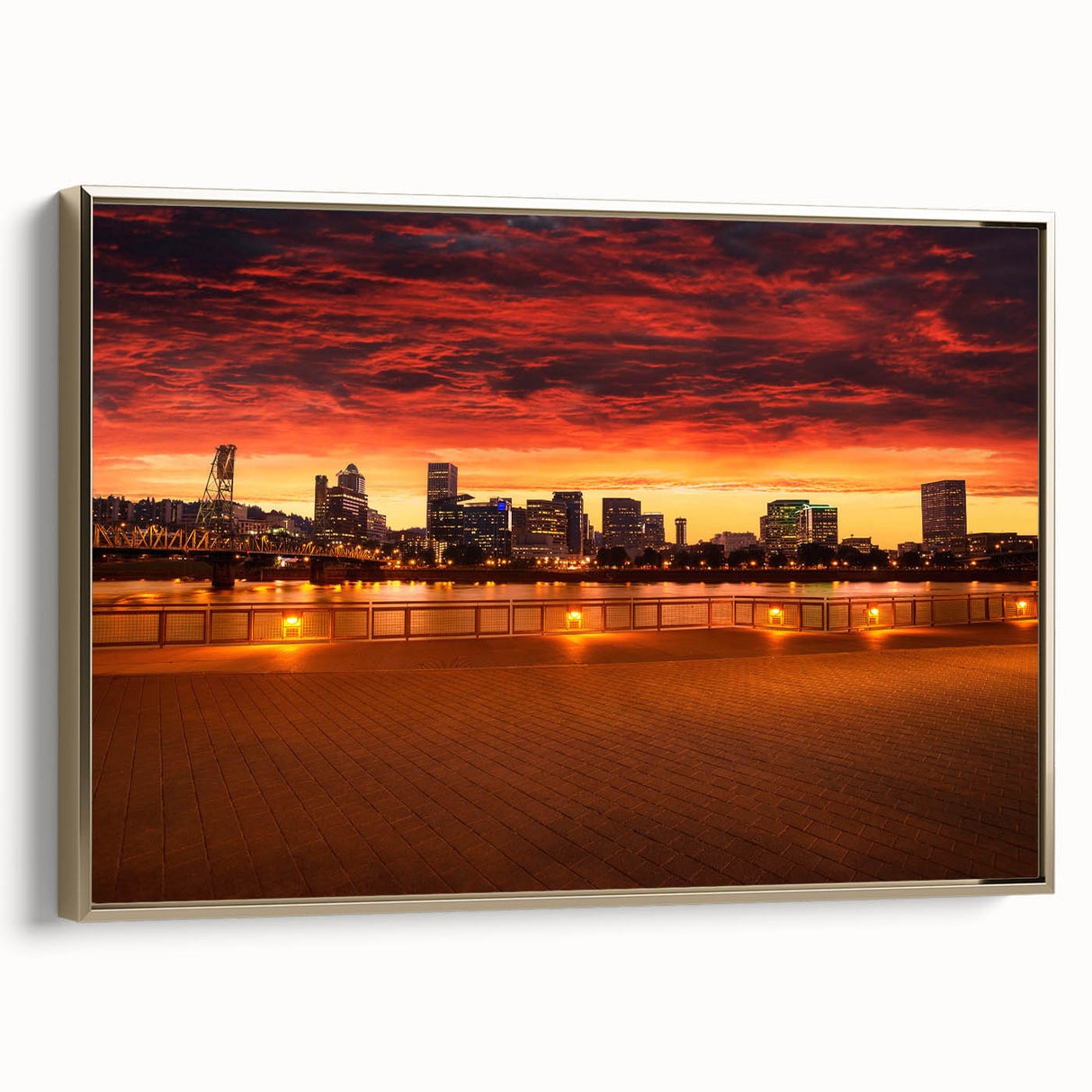 Framed canvas of Portland, Oregon landscape in muted gold and black tones, ideal for bedroom wall art.