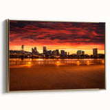 Framed canvas of Portland, Oregon landscape in muted gold and black tones, ideal for bedroom wall art.