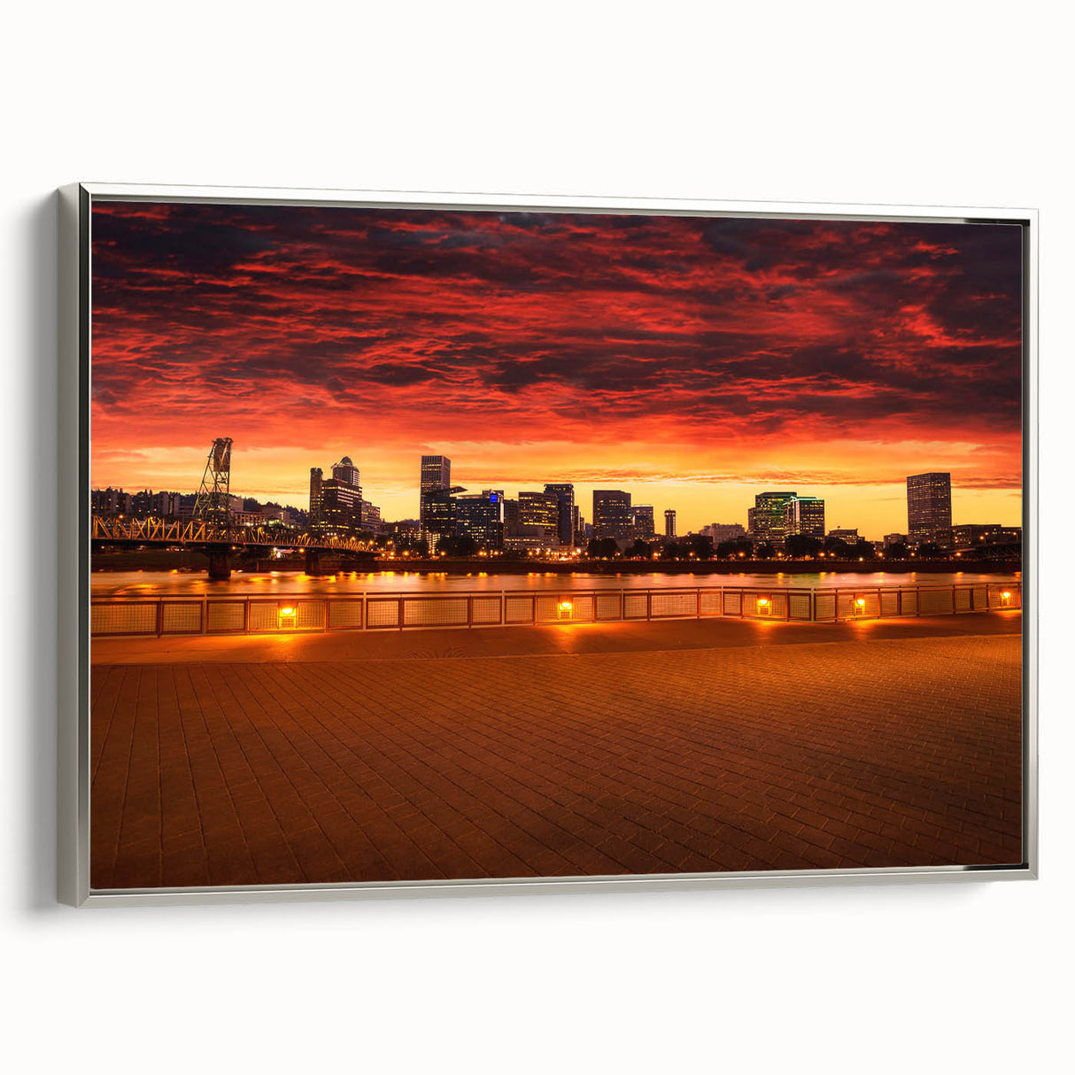 Framed canvas of a vintage-style Portland, Oregon landscape with colorful art on black background.