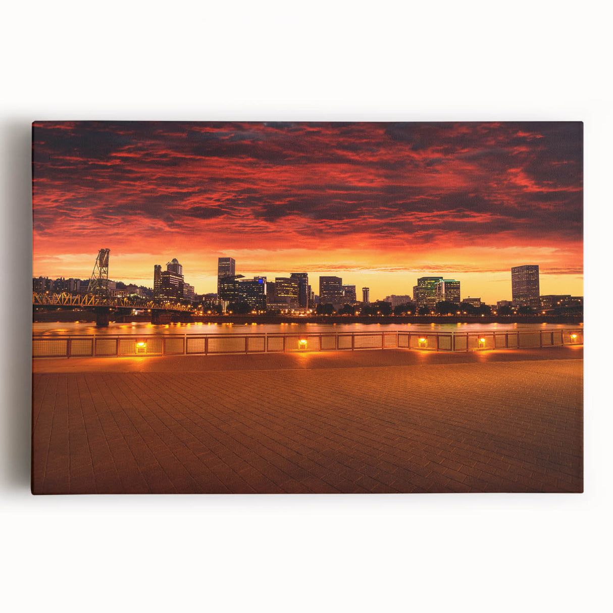 Black and white photo of Portland, Oregon skyline on large stretched canvas, ideal for kitchen wall art.
