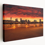 Portland, Oregon cityscape on large stretched canvas with muted earth tones, ideal for kitchen wall art.