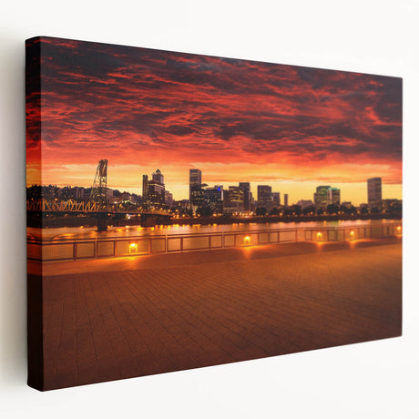 Portland, Oregon cityscape on large stretched canvas with muted earth tones, ideal for kitchen wall art.