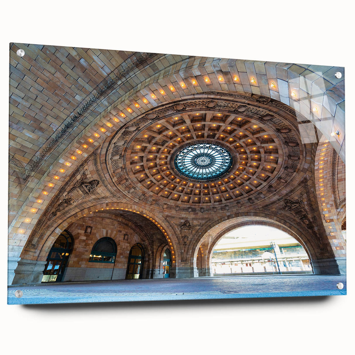 Acrylic print of Pittsburgh skyline in muted gray and blue tones, suitable for bedroom or dining room decor.