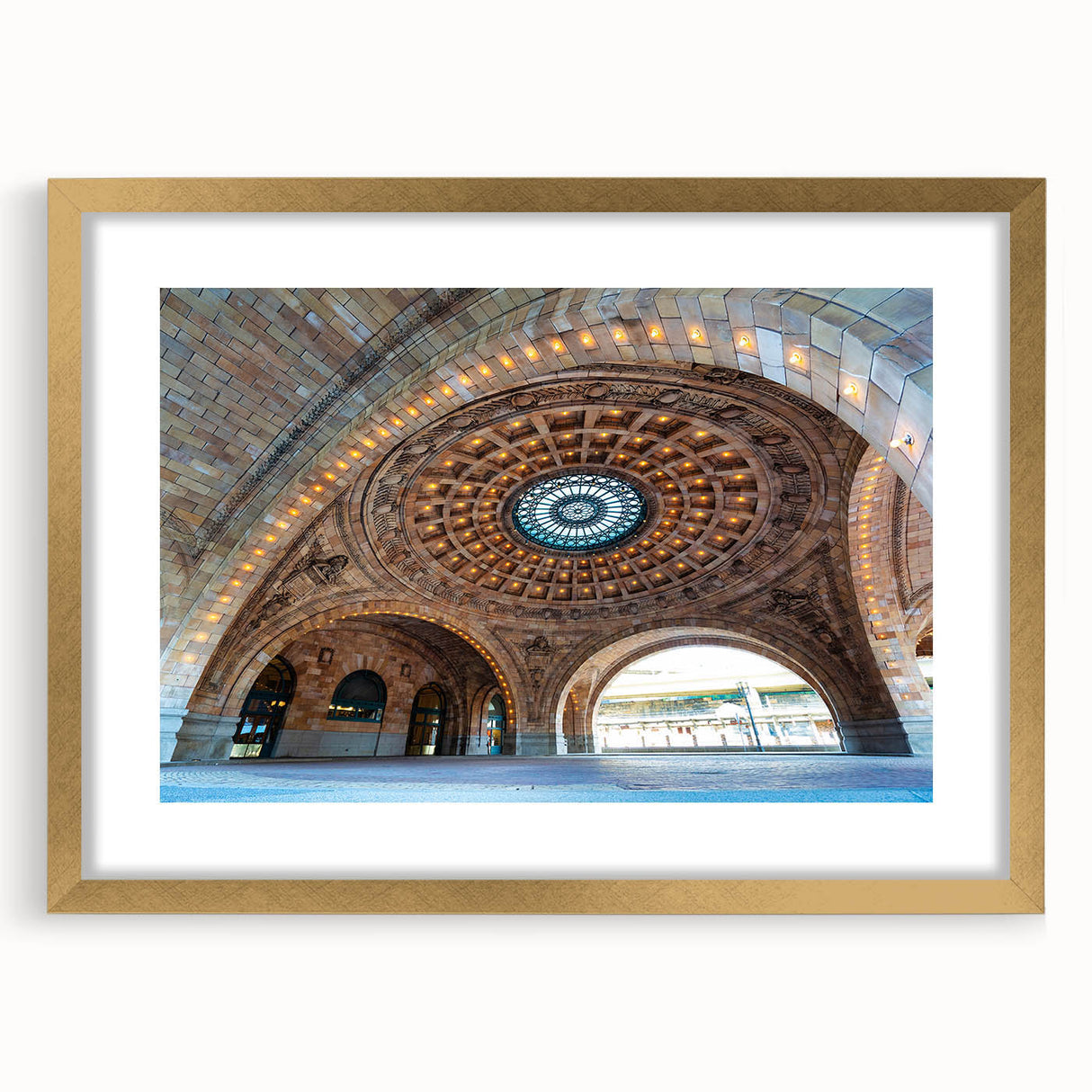 Extra large abstract art print of Pittsburgh skyline in textured gold frame, ideal for living room decor.