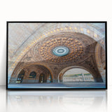 Large abstract wall art depicting the Pittsburgh skyline in muted gray and blue tones on a framed acrylic.