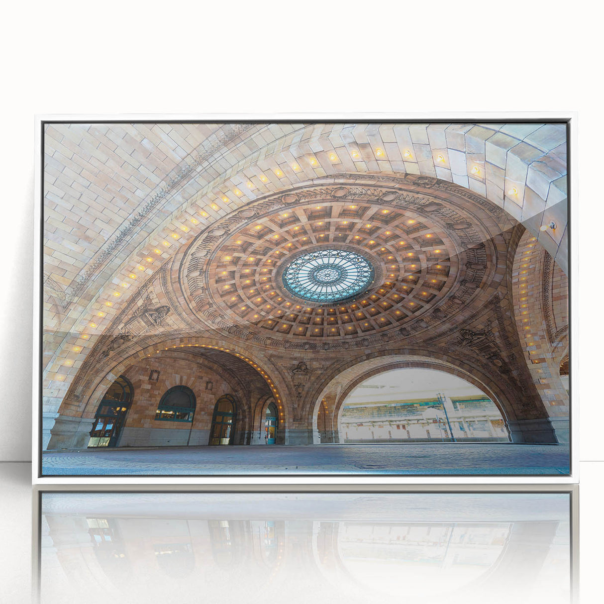 Acrylic print of Pittsburgh skyline in art deco style with muted gray and blue tones, ideal for modern art wall decor.