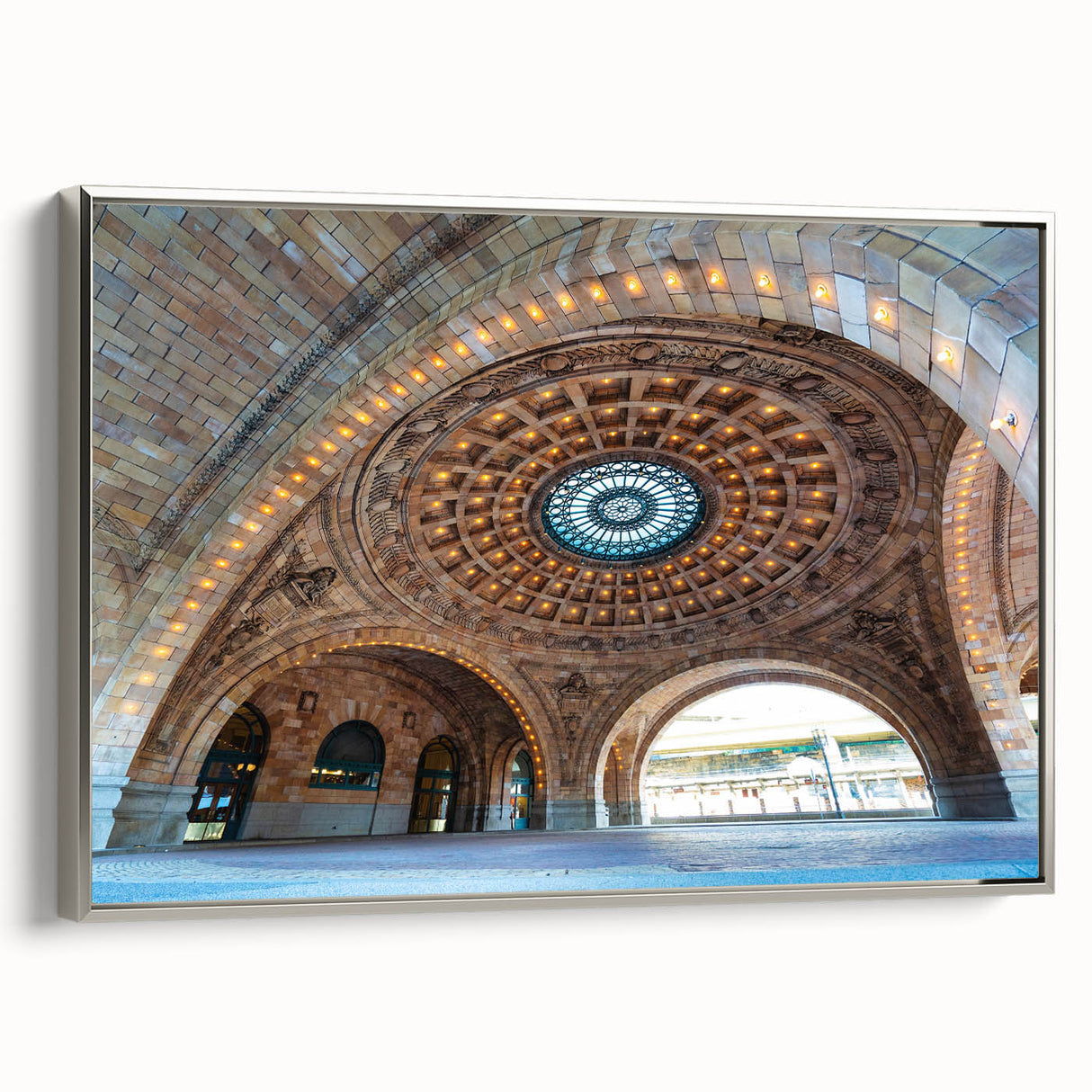 Framed canvas landscape art painting of Pittsburgh featuring a vintage poster style in colorful hues, ideal for office decor.