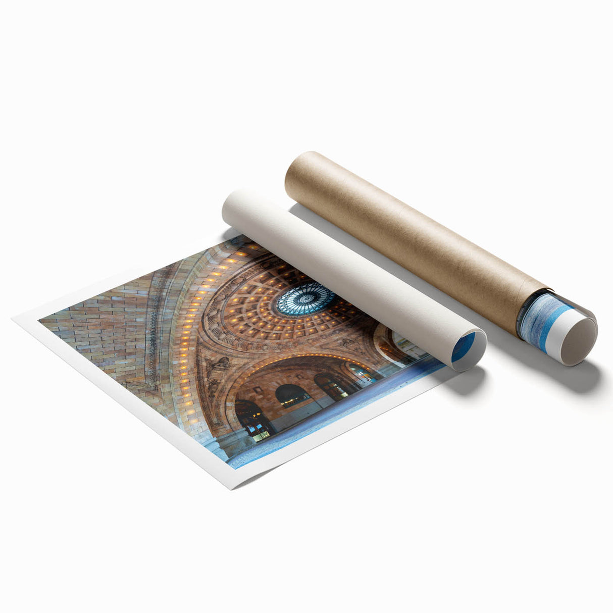 Rolled print of Pittsburgh skyline in soft pastel shades, ideal for classy bathroom wall art.