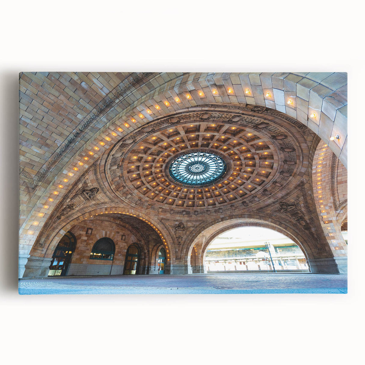 Black and white panoramic view of Pittsburgh skyline on stretched canvas, suitable for kitchen wall art.